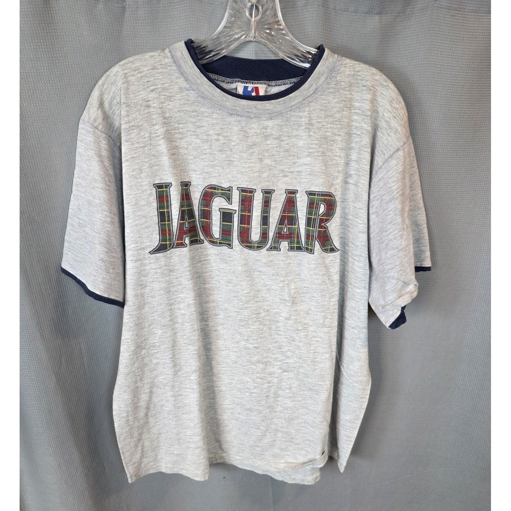 Universal Athletics Jaguar Spellout Plaid Letters T-Shirt Mens L White Good Vtg